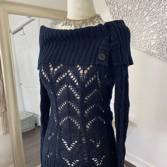 Guess Jeans Early 2000's Black Knit Off The Shoulder Long Sleeve Sweater S - Picture 3 of 7